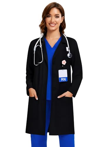 COZYFIT Lab Coat for Woman 3 Pockets, Long Sleeve Medical Coat, Relaxed Fit, Black, S