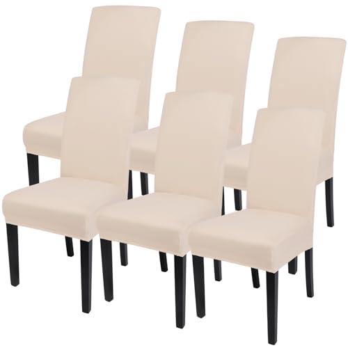 Image of SearchI Dining Room Chair Covers Set of 6, Stretch Parsons Chair Slipcovers Super Fit Spandex Removable Washable Kitchen Chair Protector Cover for Dining Room, Hotel, Ceremony (Beige-Yellow)