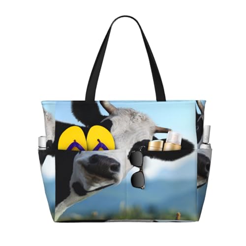 Grand sac de plage sac à bandoulière en toile imprimé vache pour femme chic
