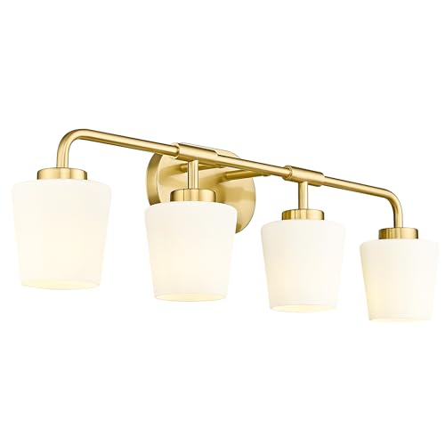 Image of Bathroom Light Fixtures Over Mirror, 4-Light Brushed Gold Vanity Lighting Fixtures with Milk White Glass, Farmhouse Champagne Bronze Wall Sconces Lighting, AD-22004-4W-GD