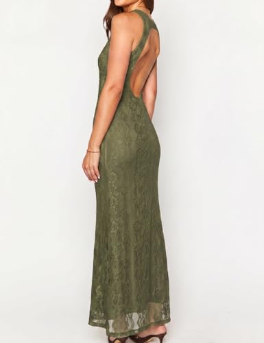 Image of Elegant Lace Floral V Neck Backless Bodycon Dresses for Women Sexy Cut Out Low Back Sleeveless Maxi Dress Wedding Guest