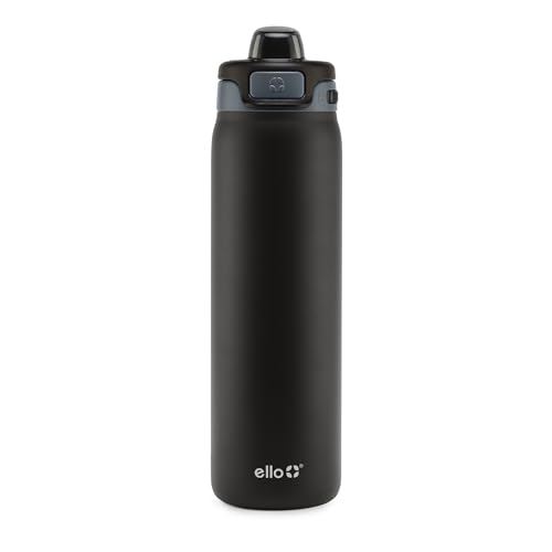 Ello Pop & Fill 22oz Stainless Steel Water Bottle with Quick Fill Technology, Double Walled and Vacuum Insulated Metal, Leak Proof Locking Lid, Sip and Chug, Reusable, BPA Free, Tonal Black