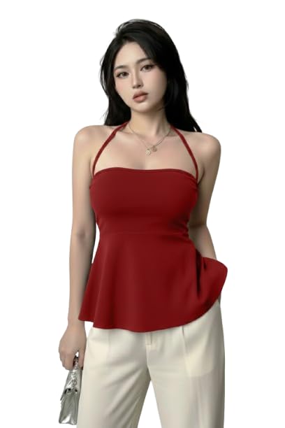 Image of TIVANTE Women's Halter Neck Peplum Top, Sleeveless Backless Fitted Top