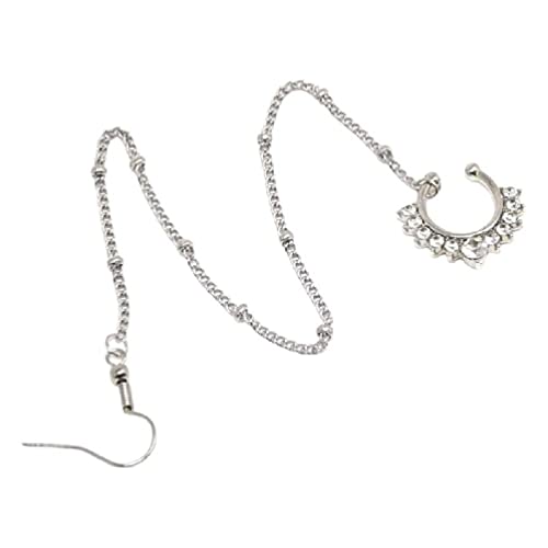 Fake Septum Ring Nicht durchdringende indische Nasenringe mit Kette Vintage Nase Ohrkette Ringe Antiallergisch (Silber/Gold) Gefälschte Nasenringe Cover