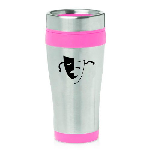 16oz Insulated Stainless Steel Travel Mug Comedy Tragedy Drama Mask (Pink)