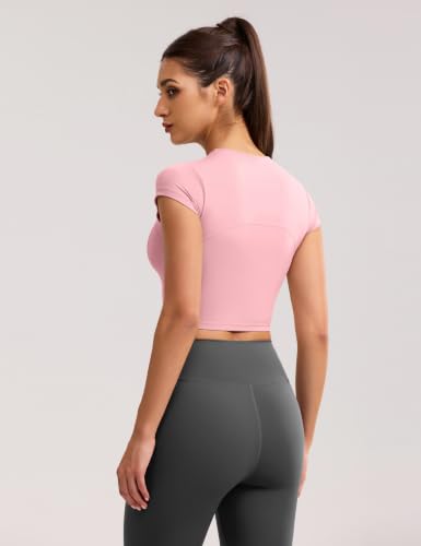 Image of ENERBLOOM Workout Crop Tops for Women Yoga Short Sleeve Removable Bra | Slim Fit, Mild Support, Crop T-Shirt, Mock Neck, Soft Comfort, High-Stretch, for Yoga,Gym & Daily Wear