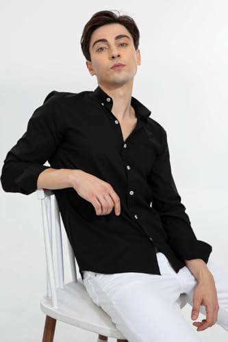 Image of SNITCH Men's Casual Shirt | Slim Fit Full Sleeve Button-Down Collar Solid Pattern | Premium Cotton & Breathable Fabric for College & Everyday Wear | Black