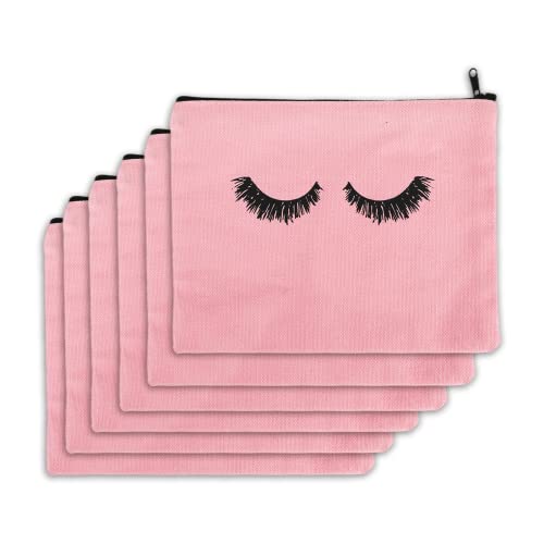 PHOGARY 6PCS Canvas Makeup Pouch, Cosmetic Bag Bulk Travel Make Up Pouch Toiletry Case with Zippered Pocket for Women (Eyelash Pattern) Pink