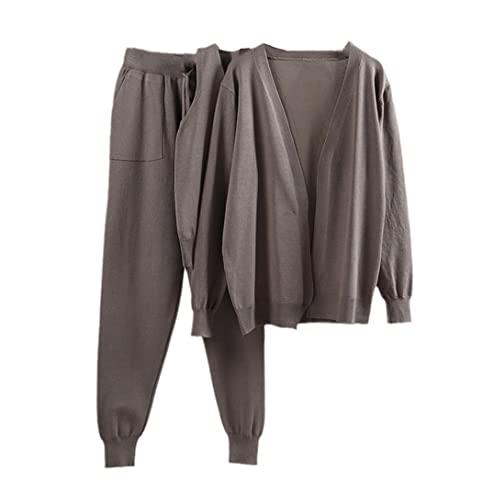 Survêtement en tricot femme ensemble 3 pièces cardigan débardeur et jogging gris