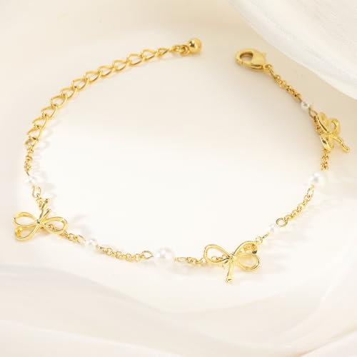 Gold Bow Knot Link Bracelet for Women with Pearl Cute 14K Gold Plated Bowknot Bracelet Elegant Bow Charm Bracelet Dainty Bow Tie Ribbon Bracelet Summer Party Trendy Jewelry Gift for Women3