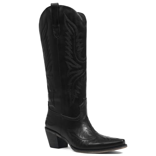 Image of Tscoyuki Cowboy Boots for Women: Embroidered Western Knee High Boots Women - Pointed Toe Chunky Heel Cowgirl Tall Boots