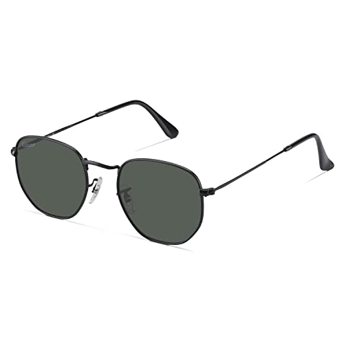 Image of Hexagon Style Flat Glass Lenses Metal Frame Sunglasses UV400 Protection For Men Women
