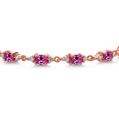 Gem Stone King 18K Rose Gold Plated Silver Pink Created Sapphire and White Moissanite Tennis Bracelet For Women (6.91 Cttw, Gemstone Birthstone, Oval 6X4MM, 7 Inch)2