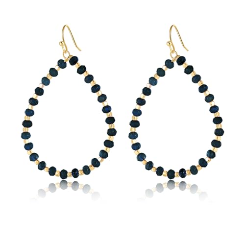Beaded Hoop Dangle Earrings for Women Bohemian Multi Color Stone Beaded Earrings Colorful Handmade Round Boho Drop Earrings (M-navy blue)