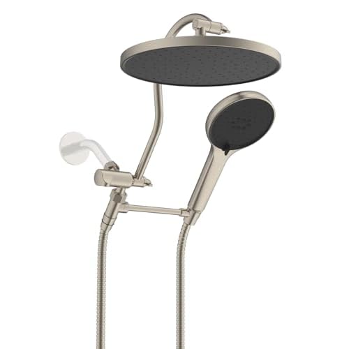 Hibbent Metal Shower Head, 10'' High Pressure Rainfall Shower Head, Showerhead Combo/Handheld Shower Wand, 12'' Adjustable Curved Shower Extension Arm, 2 Shower Head Holders, Chrome