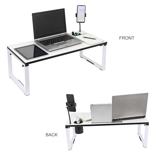 Image of Isomars Bed Desk /Floor Desk with Mobile Holder 76cm x 35.5cm (30 inch x 14 inch) Laptop Study Table for Work from Home, Online Classes, Card Games and Kid's Activities (White)