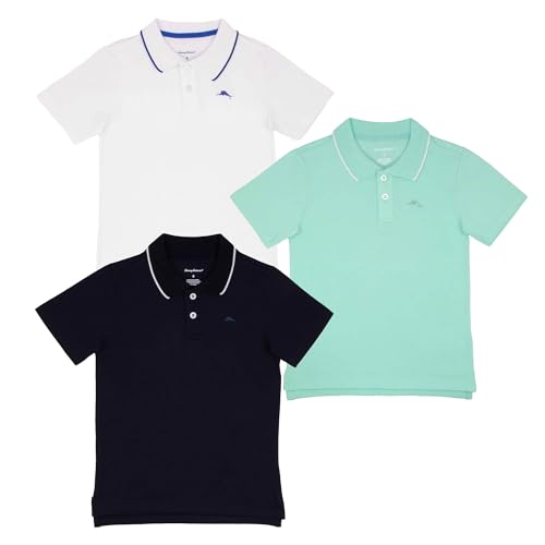 Tommy Bahama Boys Back to School 3-Pack Outfit Short Sleeve Collared Polo T-Shirt Front Button Closure & Embroidered Logo (Blue/White/Green Size 10/12)