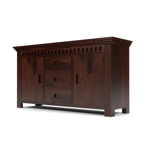 Image of Solid Sheesham Wood Wooden Sideboard Storage Cabinet & Chest of Drawer : Ideal for Living Room and Bedroom with 3 Drawers and 4-Shelf Storage (Carter, Walnut Finish)