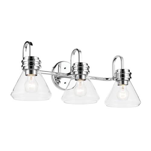 Image of Kichler Farum 26 inch 3-Light Bathroom Vanity Light Fixture with Clear Glass in Chrome, Modern Wall Mount Over Mirror for Single or Double Vanity (26 inch W x 9.5 inch H), 55155CHCLR