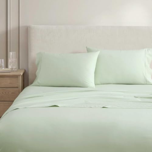 Image of Martha Stewart - Full Size Sheets Set, Crisp & Tailored Cooling Sheets w /a Naturally Smooth Cotton Percale Lightweight Feel - Matching Pillowcases & Fitted Sheet (Skylands Solid Green)