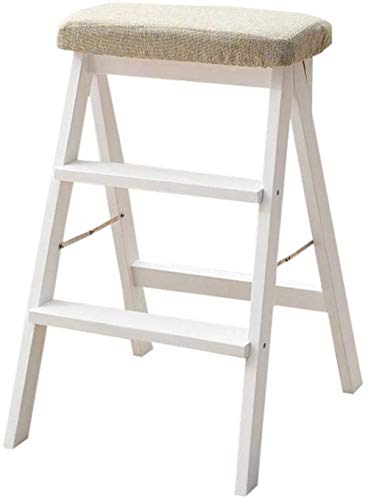Taburete de cocina plegable de madera maciza con cojín de lino blanco 2
