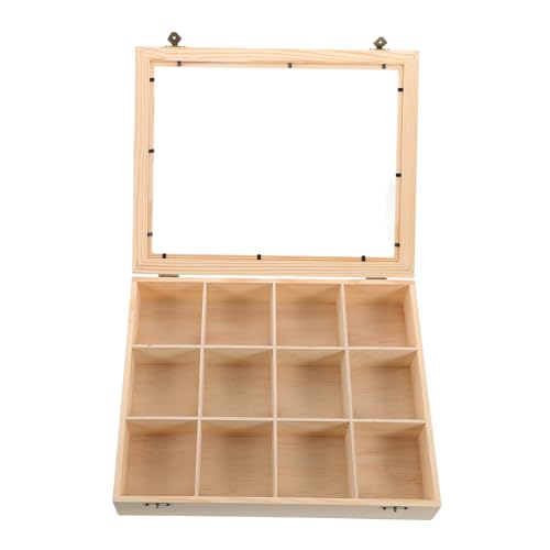 Unomor Wooden Compartment Rock Organizer Khaki Collectibles Display Case Clear Lid Rock Display Case Acrylic Sample Display Boxes Wooden