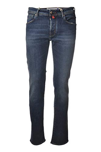 Jeans 5 tasche, con salpa in pelle bordeaux, vestibilità slim fit, tutta realizzata in tela stretch con lavaggio medio, JACOB COHEN.