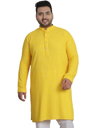 Sojanya PLUS (Since 1958) Men's Cotton Sequinned Embroidered Yellow Long