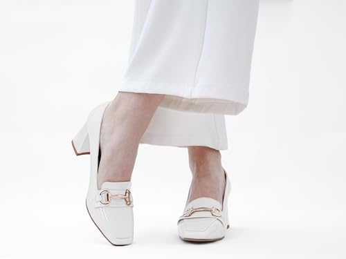 Image of Womens Mid Block Chunky Heeled Loafers Closed Square Toe Patent Leather Comfortable Slip On Pumps Metal Chain Basic Classic Casual Work Office Dress Shoes 2.8 Inches Heels