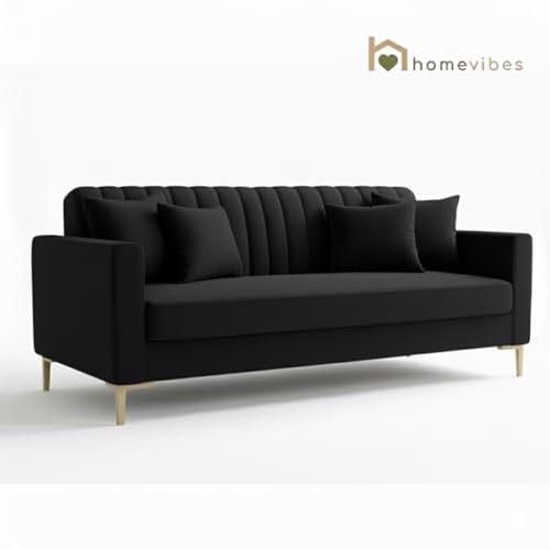 Image of 3 Seater Velum Fabric Sofa Set for Living Room, Modern Design with High Density Foam, Solid Wood Frame, Ergonomic Comfortable Seating for Home & Office (Black, 3 Seater) | Soft foam comfort
