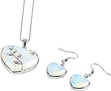 Matching Gift Set For Women - Silver Heart & Roses Ladies Necklace & Drop Earrings - Unique Stone Jewellery - With Gift Box (White Opalite Opal)