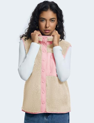 Kistore Fellweste Damen Teddy-Fleece Casual Leicht Stehkragen Lang Weste Outdoor Reißverschluss Gilets Damenweste(Apricot Rosa,XL)