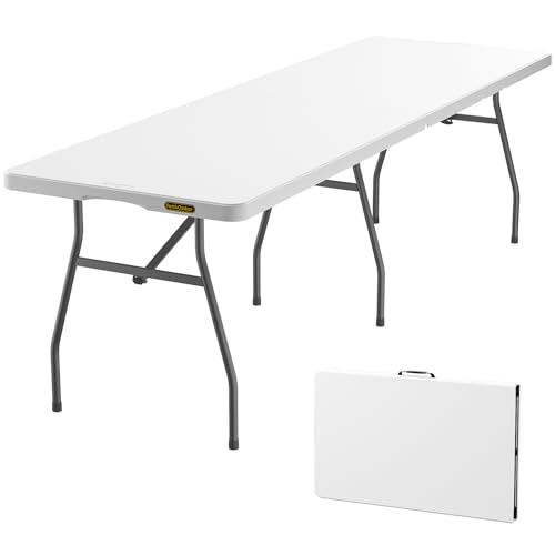 FanttikOutdoor 8ft Folding Table with Six Legs, 500 LBS Heavy Duty Plastic Fold-in-Half Table, Foldable Table w/Handle for Indoor Outdoor Party Wedding Office Camping Banquet, White Zeta X8 Pro