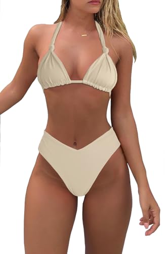 geluboao Women's High Cut Bikini Brazilian Triangle Bikini Set Ruched V Cut High Leg Two Piece Swimsuit Bathing Suit Apricot L