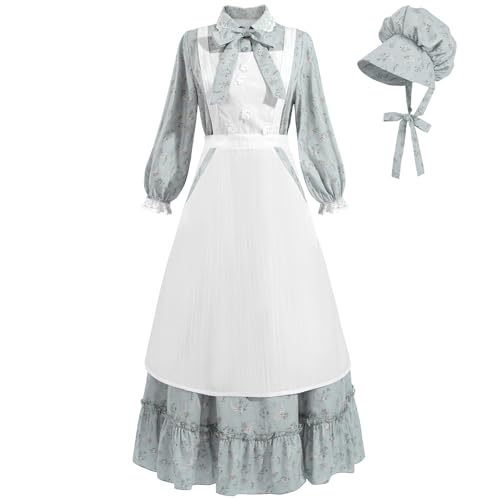 FCCAM Colonial Prairie Dress Women Floral Ruffle Pioneer Dress Costume American Historical Civil War Dress M