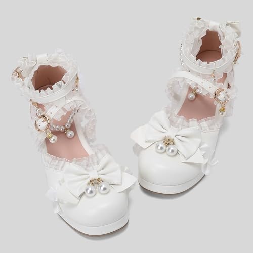 Parisuit Womens Kawaii Lolita Pearl Bow Shoes Mary Jane Cute Platform Heels Chunky Heel Ankle Strap Pumps3