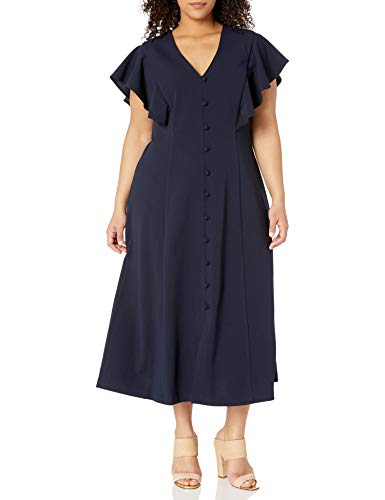 Calvin Klein Women's Size Flutter Sleeve V-Neck Midi with Button Front Dress, Indigo, 20 Plus