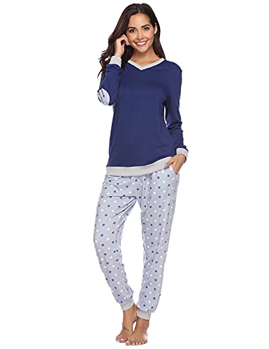 Nieery Pijamas Mujer Algodón Invierno Manga Larga Set Camiseta Cuello V y Pantalones Lunares Comodo Conjuntos para Hogar Suave Cover