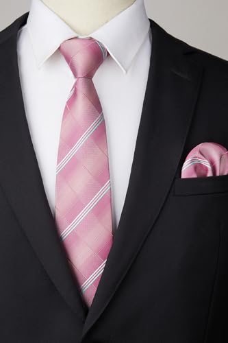 Image of HISDERN Ties for Men Formal Business Plaid Checked Mens Ties and Pocket Square Set Classic Wedding Necktie Handkerchief