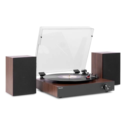 Audizio RP325W – Tocadiscos de Vinilo con Altavoces 60W, Bluetooth in/out, 3 velocidades, reproducción 7/10/12”, diseño en Madera, tracción por Correa y Salida RCA para Sistemas HiFi – Color marrón