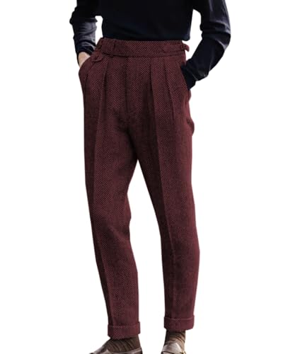 Image of Men's Herringbone Tweed Dress Pants Regular Fit Vintage Wool Trousers
