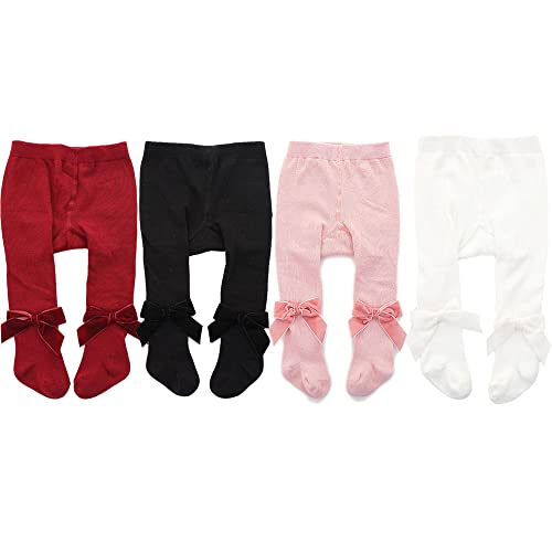 Newborn Baby Girls Tights Infant Toddler Girls Leggings Velvet Bowknot Warm Cotton Stockings Pant Baby Tight Socks (S(0-12 Months), White&Black&Red&Pink-4 Pack), (BT01)