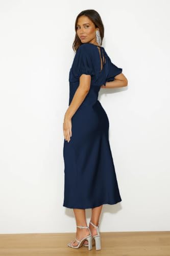 Image of Summer Satin V Neck Puffy Sleeves Empire Waist Midi Dresser Silk Sexy Tie Back Formal Cocktail Dresser for Women Wedding