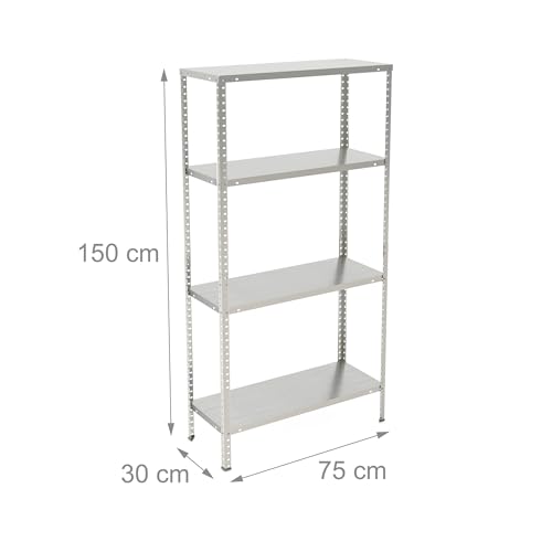 Relaxdays Metallregal verzinkt, 4 Böden, bis 160 kg, Schwerlastregal Stahl, Lagerregal Keller, HBT: 150x75x30 cm, Silber
