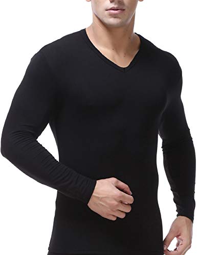 Men's Extended Modal Thermal Active V Neck Fitness Fleece Lined Base Shirt Compression Long Johns Pullover Underwear Shirt, Black, Large