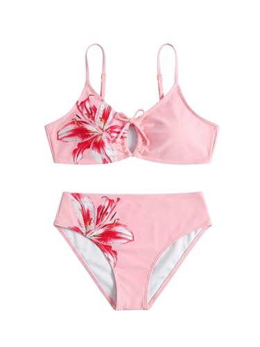 Image of COZYEASE Girls' 2 Piece Ditsy Floral Print Knot Front Ruched Triangle Bikini Swimsuit