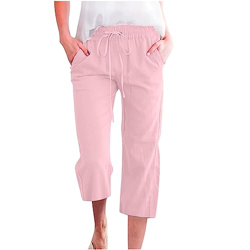 Generic Capri Pants for Women Casual 2024 Summer Drawstring Elastic High Waist Linen Pants Wide Leg Plus Size Lounge Capris