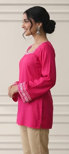 Image of MAHIRA'S Comfort Women's Short Kurti, Rayon Tunic Top with 3 /4 Embroidered Designer Sleeves | Soft Breathable Fabric | Office & Casual Kurti for Jeans, Leggings & Trousers
