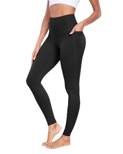 Leggings com bolsos para mulheres, calças de ioga para treino de cintura alta com controle de barriga, Preto, GG