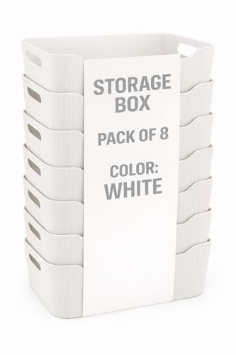 Image of Plastic Storage Box with Lid - Large Stackable Organizer Storage Box for Clothes, Toys, Kitchen - Big Size Plastic Storage Container Basket for Home, Office, Bathroom(Smal,Pack of 8,White)